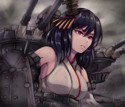 Rule 34 | 1girl, black hair, breasts, caiman pool, cannon, commentary request, detached sleeves, hair between eyes, hair ornament, highres, japanese clothes, kantai collection, kimono, large breasts, machinery, red eyes, rigging, short hair, solo, turret, upper body, white kimono, white sleeves, yamashiro (kancolle), yamashiro kai ni (kancolle)