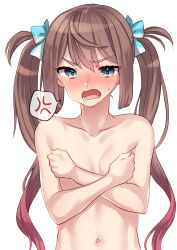 Rule 34 | 1boy, akagi kurage, angry, blush, brown hair, cover, covering nipples, covering privates, highres, long hair, navel, nude, simple background, solo, trap, twintails, upper body, white background