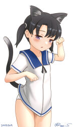 Rule 34 | 1girl, animal ears, black hair, blue sailor collar, cat ears, cat tail, dress, kantai collection, one-hour drawing challenge, panties, purple eyes, ray.s, sailor collar, sailor dress, shoes, short hair, short sleeves, shounan (kancolle), simple background, solo, tail, twintails, underwear, uwabaki, white background, white dress, white panties