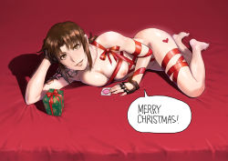 Rule 34 | 1girl, arm support, azasuke, black lagoon, bound, box, breasts, brown eyes, brown hair, christmas, condom, english text, fingerless gloves, gift, gift box, gloves, highres, looking at viewer, lying, medium breasts, merry christmas, naked ribbon, nipples, nude, on side, red ribbon, revy (black lagoon), ribbon, ribbon bondage, smirk, solo
