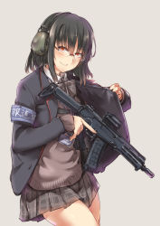 Rule 34 | 1girl, armband, ayyh, black hair, ear protection, glasses, gun, highres, holding, holding gun, holding weapon, id card, orange eyes, original, school uniform, scope, short hair, simple background, solo, thighs, trigger discipline, weapon, weapon request