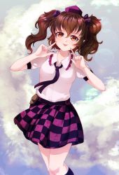 Rule 34 | 1girl, absurdres, black necktie, black skirt, black socks, breasts, brown eyes, brown hair, checkered clothes, checkered skirt, collared shirt, dungeon toaster, finger to mouth, frilled shirt collar, frills, highres, himekaidou hatate, kneehighs, long hair, medium breasts, medium skirt, necktie, puffy short sleeves, puffy sleeves, purple shirt, purple skirt, shirt, short sleeves, sidelocks, skirt, socks, solo, touhou