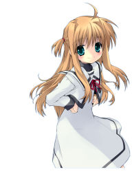 Rule 34 | 1girl, ahoge, arisa bunnings, bad id, bad pixiv id, black shirt, blonde hair, blue eyes, blush, closed mouth, commentary, commentary request, dress, gotou nao, hair tie, hands on own hips, jacket, leaning forward, long hair, long sleeves, looking at viewer, lyrical nanoha, mahou shoujo lyrical nanoha, medium dress, neck ribbon, red ribbon, ribbon, sailor collar, school uniform, seishou elementary school uniform, shirt, simple background, smile, solo, standing, two side up, white background, white dress, white jacket