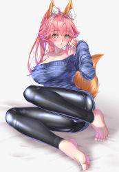 Rule 34 | 1girl, :o, absurdres, alternate costume, animal ears, arm up, bare shoulders, barefoot, black legwear, blue sweater, blush, breasts, cameltoe, cleavage, collarbone, commission, eyes visible through hair, fate/extra, fate/grand order, fate (series), feet, fox ears, fox tail, hand on own cheek, hand on own face, highres, kamehito, large breasts, long hair, looking at viewer, off-shoulder sweater, off shoulder, open mouth, pants, pink hair, pixiv commission, simple background, sitting, solo, sweater, tail, tamamo (fate), tamamo no mae (fate/extra), tight clothes, tight pants, toes, white background, yellow eyes
