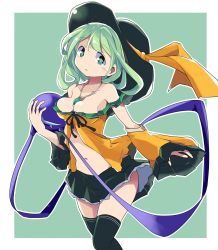 Rule 34 | 1girl, absurdres, adapted costume, armpits, black hat, black skirt, black thighhighs, breasts, cleavage, commentary, detached sleeves, frilled sleeves, frills, green eyes, green hair, hat, hat ribbon, heart, heart-shaped pupils, highres, jewelry, komeiji koishi, looking at viewer, medium hair, midriff, mukuroi, navel, necklace, one-hour drawing challenge, outline, parted lips, pendant, ribbon, skirt, solo, symbol-shaped pupils, thighhighs, thighs, third eye, touhou, white outline, wide sleeves, yellow ribbon, zettai ryouiki