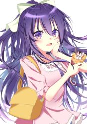 Rule 34 | 1girl, absurdres, akar1, bag, crepe, date a live, dress, food, hair between eyes, hair ribbon, hand on own cheek, hand on own face, handbag, highres, holding, holding food, long hair, looking at viewer, open mouth, pink dress, purple eyes, purple hair, ribbon, solo, white background, yatogami tooka
