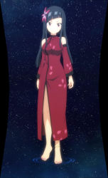 Rule 34 | 1girl, absurdres, anklet, bare shoulders, barefoot, black hair, breasts, detached sleeves, dress, eden&#039;s zero, feet, flower, hair flower, hair ornament, highres, jewelry, long hair, looking at viewer, nail polish, red dress, red eyes, solo, stitched, third-party edit, toenail polish, toenails, toes, xiaomei (eden&#039;s zero)