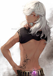 Rule 34 | 1boy, absurdres, artist name, bare back, belt, black pants, black shirt, closed mouth, commentary request, cyno (genshin impact), dark-skinned male, dark skin, earrings, fingernails, from behind, gem, genshin impact, grey background, grey hair, hair between eyes, hair over one eye, hand on own hip, hand on own shoulder, hand up, highres, jewelry, lips, long fingernails, long hair, looking back, male focus, mitsudomoe (shape), no headwear, pants, purple gemstone, red eyes, shirt, short sleeves, solo, sparkle, standing, tattoo, teeth, tomoe (symbol), unagi to kame, vision (genshin impact), watermark, white background