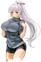 Rule 34 | 1girl, blush, breasts, female focus, flying sweatdrops, impossible clothes, large breasts, long hair, looking at viewer, original, perky breasts, ponytail, red eyes, sachito, simple background, solo, standing, thick thighs, thighs, white background, white hair
