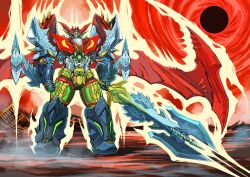 Rule 34 | clenched hand, drill, full body, fusion, getter robo, highres, looking ahead, mazinkaiser (robot), mecha, mechanical wings, no humans, robot, science fiction, standing, super robot, wings, yamanushi, yellow eyes