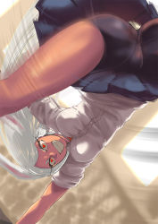 Rule 34 | 1girl, animal ears, ass, attack, bare arms, bare legs, bike shorts, boku no hero academia, breasts, crowd, dark-skinned female, dark skin, dutch angle, evil eyes, evil grin, evil smile, grin, handstand, incoming attack, jas (kda10457), long hair, looking at viewer, medium breasts, miniskirt, mirko, motion blur, one arm handstand, pleated skirt, rabbit ears, rabbit girl, rabbit tail, red eyes, shirt, short sleeves, shorts, shorts under skirt, silhouette, skindentation, skirt, smile, solo, spinning bird kick, tail, teeth, unaligned breasts, upside-down, v-shaped eyebrows, white hair, white shirt