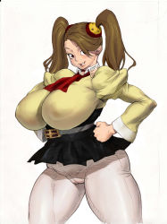 Rule 34 | 10s, 1girl, absurdres, bad id, bad twitter id, bonten, breasts, brown eyes, brown hair, cameltoe, cleft of venus, covered erect nipples, gundam, gundam build fighters, gundam build fighters try, hair ornament, hands on own hips, high-waist skirt, highres, huge breasts, pantyhose, plump, sazaki kaoruko, simple background, skirt, smile, solo, thick thighs, thighs, twintails, wide hips