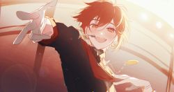 Rule 34 | 1boy, absurdres, accookie, ahoge, bishounen, blurry, bokeh, depth of field, highres, idolish7, light rays, looking at viewer, male focus, nanase riku, open mouth, red eyes, red hair, short hair, smile, solo, upper body