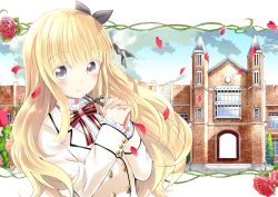 Rule 34 | 10s, 1girl, black bow, blazer, blonde hair, blouse, blue eyes, blush, bow, bowtie, closed mouth, cross, flower, frills, hair bow, hands up, holding, holding cross, interlocked fingers, jacket, juliet persia, kishuku gakkou no juliet, long hair, looking at viewer, natsupa, outdoors, own hands together, petals, plant, red bow, red bowtie, rose, school, shirt, sidelocks, smile, solo, striped bow, striped bowtie, striped clothes, striped neckwear, tareme, upper body, vines, white shirt