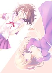 Rule 34 | 2girls, ahoge, blonde hair, blouse, breasts, breasts apart, brown hair, closed mouth, collar, collarbone, collared shirt, commentary request, frilled collar, frills, glasses, long hair, lying, maribel hearn, midorino eni, midriff peek, multiple girls, neck ribbon, on back, open mouth, pink background, pleated skirt, puffy short sleeves, puffy sleeves, purple shirt, purple skirt, red neckwear, ribbon, sailor collar, school uniform, semi-rimless eyewear, serafuku, shirt, short hair, short sleeves, skirt, smile, touhou, two-tone background, usami sumireko, v-neck, white background, white sailor collar