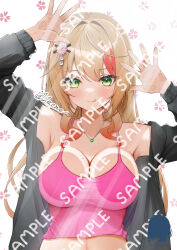 Rule 34 | 1girl, :q, absurdres, against glass, armpits, arms up, bare shoulders, black jacket, blonde hair, breast press, breasts, breasts on glass, camisole, cleavage, closed mouth, crop top, fujikawa ayano, green eyes, highres, indie virtual youtuber, jacket, jewelry, large breasts, leone (kamina0205), long hair, long sleeves, looking at viewer, midriff, mole, mole on breast, multicolored hair, navel, necklace, off shoulder, open clothes, open jacket, pink shirt, sample watermark, shirt, sleeveless, sleeveless shirt, smile, solo, spaghetti strap, streaked hair, tongue, tongue out, upper body, virtual youtuber, watermark