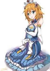Rule 34 | 1girl, bad id, bad pixiv id, blue eyes, brooch, crown, crying, crying with eyes open, dress, elbow gloves, gloves, jewelry, looking at viewer, orange hair, p.k.f, philia (sao), princess, princess dress, simple background, solo, sword art online, tears, white background