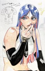 Rule 34 | 1girl, black necktie, blue eyes, blue hair, blue nails, breasts, cigarette, crop top, elbow gloves, gloves, hair behind ear, highres, holding, holding cigarette, kantai collection, large breasts, long hair, midriff, multicolored hair, necktie, painting (medium), red hair, shirt, shishanmo, sleeveless, smoking, south dakota (kancolle), star (symbol), traditional media, upper body, watercolor (medium), white shirt