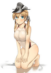 Rule 34 | 1girl, absurdres, alternate costume, anchor, bad id, bad pixiv id, barefoot, blonde hair, blue eyes, breasts, closed mouth, collarbone, fingernails, hair between eyes, hat, highres, kantai collection, large breasts, long hair, low twintails, one-piece swimsuit, osananajimi neko, peaked cap, prinz eugen (kancolle), simple background, solo, swimsuit, toes, twintails, white background