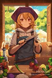 Rule 34 | 1girl, alex (dragalia lost), apron, artist name, black apron, blonde hair, bottle, brown eyes, carrot, commentary, cucumber, cutting board, day, dragalia lost, english commentary, food, fruit, garlic, hair between eyes, hentaki, highres, holding, holding knife, hood, hood down, hoodie, indoors, knife, lemon, pot, short sleeves, solo, sparks, spring onion, standing, tomato, upper body, vegetable, watermark, web address, white hoodie