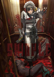 Rule 34 | 1girl, 2boys, absurdres, artist name, assault rifle, blood, blood on clothes, blood splatter, commission, corpse, glock, gun, handgun, handprint, highres, holding, holding gun, holding weapon, maid, multiple boys, original, rifle, sample watermark, sig mcx, signature, skeb commission, tactical clothes, utsuda, watermark, weapon