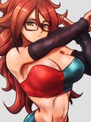 Rule 34 | &gt;:(, 1girl, adapted costume, android 21, arm up, armpits, bare shoulders, black-framed eyewear, black detached sleeves, blue bra, blue eyes, bra, breasts, brown hair, checkered bra, checkered clothes, cleavage, closed mouth, collarbone, commentary request, curly hair, detached sleeves, dragon ball, dragon ball fighterz, female focus, glasses, grey background, hair between eyes, half-closed eyes, hand up, kemachiku, large breasts, long hair, looking at viewer, midriff, multicolored bra, multicolored clothes, navel, red bra, serious, simple background, solo, sports bra, strapless, strapless bra, two-tone bra, two-tone sports bra, underwear, upper body, very long hair