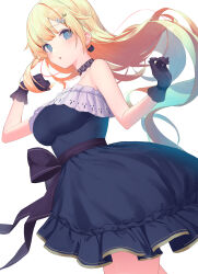 Rule 34 | 1girl, absurdres, aizawa ema, aqua hair, bare arms, bare shoulders, black choker, black gloves, black sash, blonde hair, blue dress, blue eyes, blunt bangs, breasts, cat earrings, choker, clenched hand, dress, earrings, expressionless, eyelashes, feet out of frame, floating hair, flower, frilled dress, frills, from side, gloves, gradient hair, hair flower, hair ornament, hands up, highres, jewelry, large breasts, long hair, looking at viewer, looking to the side, multicolored hair, nametarou (meron), parted lips, sash, see-through gloves, sideways glance, simple background, sleeveless, sleeveless dress, solo, very long hair, virtual youtuber, vspo!, white background