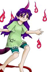 Rule 34 | 1girl, barefoot, blush stickers, closed mouth, green shirt, green shorts, horns, long hair, mirrored text, non-web source, official art, purple hair, purple horns, red eyes, shirt, short sleeves, shorts, single horn, smile, solo, tail, tenkajin chiyari, test tube, touhou, transparent background, unfinished dream of all living ghost, zun (artist)