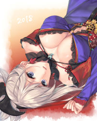 Rule 34 | 1girl, 2018, asymmetrical hair, bare shoulders, blue eyes, blue kimono, breasts, cleavage, detached sleeves, earrings, fate/grand order, fate (series), hair ornament, highres, japanese clothes, jewelry, kimono, large breasts, leaf print, looking at viewer, maple leaf print, miyamoto musashi (fate), miyamoto musashi (third ascension) (fate), pink hair, ponytail, purple kimono, rinarisa, sash, sheath, sheathed, short kimono, sleeveless, sleeveless kimono, solo, upper body