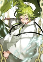 Rule 34 | 1other, androgynous, chain, enkidu (fate), fate/grand order, fate (series), fighting stance, green hair, highres, kingu (fate), lightning, long hair, long sleeves, looking at viewer, red eyes, robe, smile, smirk, solo, trap, very long hair, yoshio (55level)