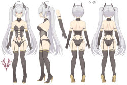 Rule 34 | 1girl, absurdres, arm strap, armpit crease, ass, bare back, bare shoulders, belt, black choker, black footwear, black gloves, black panties, black thighhighs, bondage outfit, breasts, character sheet, choker, collarbone, commentary request, demon girl, demon horns, dominatrix, elbow gloves, full body, garter straps, gloves, grey hair, hair belt, hakaba (dairiseki), high heels, highres, horns, long hair, looking at viewer, medium breasts, multiple views, navel, official art, open mouth, panties, red eyes, second-party source, standing, stomach, stomach tattoo, tama project, tamatoyz, tattoo, thighhighs, twintails, underwear, very long hair, virtual youtuber, weiss anne