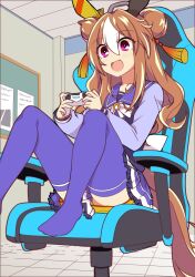 Rule 34 | 1girl, animal ears, bike shorts, blush, bow, chair, commentary request, copano rickey (umamusume), double bun, ear covers, fang, gaming chair, hair between eyes, hair bun, hair ornament, highres, holding, horse ears, horse tail, indoors, knees up, multicolored hair, no shoes, on chair, open mouth, pink eyes, playing, playing games, pleated skirt, purple bow, purple shirt, purple skirt, purple thighhighs, red eyes, sailor collar, school uniform, shirt, shorts, sitting, skin fang, skirt, smile, solo, streaked hair, swivel chair, tail, tassel, tassel hair ornament, thighhighs, tracen school uniform, translation request, umamusume, wahiko (black bastard), white hair, winter uniform, yellow shorts