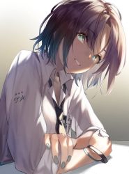 Rule 34 | 1girl, 92m, asakura toru, black hair, black necktie, blue eyes, blue nails, bracelet, breast pocket, commentary request, highres, idolmaster, idolmaster shiny colors, jewelry, looking at viewer, loose necktie, nail polish, necktie, pen in pocket, pocket, school uniform, shirt, short hair, sleeves rolled up, smile, solo, white shirt
