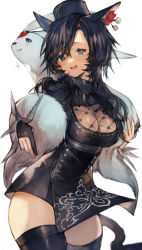 Rule 34 | 1girl, 2022, animal, animal ears, black dress, black hair, black thighhighs, breasts, carbuncle (final fantasy), cat ears, cat girl, claw ring, cleavage, dress, final fantasy, final fantasy xiv, gloves, hat, highres, kemomin nosuke, long hair, looking at viewer, miqo&#039;te, open mouth, partially fingerless gloves, simple background, smile, standing, teeth, thighhighs, upper teeth only, warrior of light (ff14), white background