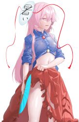 Rule 34 | blue shirt, blush, hand fan, hata no kokoro, highres, holding, holding clothes, holding fan, holding skirt, kiminami, long hair, long skirt, looking ahead, mask, mask on head, navel, open mouth, paper fan, pink eyes, pink hair, red skirt, see-through, shirt, simple background, single bare leg, skirt, stomach, touhou, very long hair, wet, wet clothes, wet shirt, white background