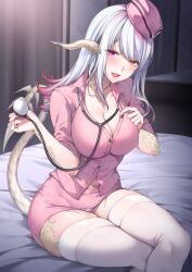 Rule 34 | 1girl, au ra, bed sheet, blush, breasts, brown eyes, ceiling light, cleavage, collar, collared shirt, dragon horns, dragon tail, eiji saeki, feet out of frame, final fantasy, final fantasy xiv, fingernails, hat, heterochromia, highres, holding, holding stethoscope, horns, indoors, infirmary, large breasts, lipstick, long fingernails, looking at viewer, makeup, midriff peek, multicolored hair, navel, nurse cap, on bed, open mouth, partially unbuttoned, pink collar, pink eyes, pink shirt, pink skirt, scales, shirt, skirt, solo, stethoscope, streaked hair, tail, thighhighs, warrior of light (ff14), white thighhighs