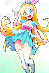 Rule 34 | 1girl, :d, aqua dress, aqua eyes, blonde hair, breasts, commentary request, dress, eyelashes, gradient background, hair ornament, hairband, happy, highres, kirahoshi ciel, kirakira precure a la mode, large breasts, long hair, looking at viewer, open mouth, precure, ryuuta (cure ryuuta), smile, solo, standing, thighhighs, thighs, white thighhighs