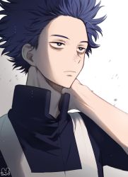 Rule 34 | 10s, 1boy, bad id, bad twitter id, bags under eyes, blue hair, boku no hero academia, expressionless, half-closed eyes, hand on own neck, hari mha, jacket, male focus, pale skin, shinsou hitoshi, short sleeves, simple background, solo, track jacket, track suit, upper body, white background