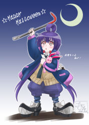 Rule 34 | 1girl, baggy shorts, black necktie, blush stickers, commentary request, crescent moon, crowbar, dark gathering, dated, full body, happy halloween, highres, holding, holding crowbar, houzuki yayoi, long hair, moon, necktie, outline, purple hair, red eyes, short eyebrows, signature, single hair ring, skull-shaped pupils, solo, stuffed animal, stuffed rabbit, stuffed toy, symbol-shaped pupils, translation request, very long hair, yoshiten