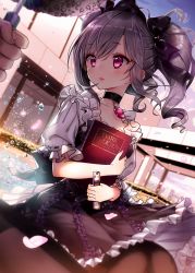 Rule 34 | 1girl, black pantyhose, blurry, bow, candy, depth of field, dress, drill hair, english text, food, gothic lolita, grey hair, hair bow, idolmaster, idolmaster cinderella girls, jewelry, kanzaki ranko, legs together, lolita fashion, notebook, outdoors, pantyhose, petals, producer (idolmaster), producer (idolmaster cinderella girls anime), red eyes, revision, sitting, solo, solo focus, tsukigami runa, twin drills, twintails, water drop