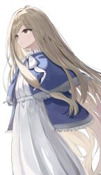 Rule 34 | 1girl, absurdly long hair, absurdres, blue capelet, bow, brown eyes, brown hair, capelet, commentary request, dress, hair tubes, highres, long hair, sense (sousou no frieren), simple background, solo, som (mnfx7235), sousou no frieren, very long hair, white background, white bow, white dress