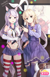 Rule 34 | 3girls, anger vein, animal ears, artist name, black neckerchief, black panties, blonde hair, blue sailor collar, blue skirt, brown eyes, collarbone, cosplay, costume switch, crop top, crossover, dated, elbow gloves, gloves, gold ship (umamusume), grin, hair between eyes, highleg, highleg panties, highres, himeyamato, holding, holding microphone, horse ears, horse girl, horse tail, kantai collection, karaoke, long hair, long sleeves, mejiro mcqueen (cosplay), mejiro mcqueen (umamusume), microphone, miniskirt, multiple girls, navel, neckerchief, panties, pleated skirt, purple eyes, purple hair, purple legwear, purple shirt, purple skirt, sailor collar, school uniform, serafuku, shimakaze (kancolle), shimakaze (kancolle) (cosplay), shirt, skirt, smile, striped clothes, striped legwear, striped thighhighs, tail, thighhighs, tracen school uniform, umamusume, underwear, white gloves