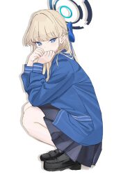 Rule 34 | 1girl, absurdres, black footwear, blonde hair, blue archive, blue bow, blue eyes, blue jacket, blue skirt, blunt bangs, bow, braid, covering own mouth, dot nose, french braid, from side, hair bow, halo, hands on own face, highres, jacket, loafers, long bangs, long hair, long sleeves, looking at viewer, mechanical halo, miniskirt, pleated skirt, raised eyebrows, shoes, simple background, skirt, sleeve cuffs, solo, squatting, tnr (horiko1525), toki (blue archive), white background