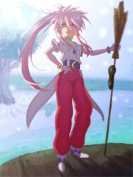 Rule 34 | 1girl, arche klein, belt, bracelet, broom, elbow gloves, food, full body, gloves, highres, jewelry, kaien advance, long hair, looking at viewer, open mouth, pants, pink eyes, pink hair, pink pants, ponytail, smile, solo, standing, tales of (series), tales of phantasia, tree, water, wide ponytail