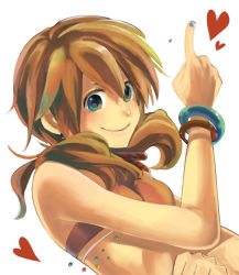 Rule 34 | 10s, 1girl, bad id, bad pixiv id, bare shoulders, blue eyes, bracelet, brown hair, earrings, final fantasy, final fantasy xiii, grey nails, heart, hiyo kiki, jewelry, midriff, nail polish, oerba dia vanille, pointing, short twintails, sleeveless, smile, solo, twintails