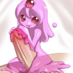 Rule 34 | 1boy, 1girl, :p, artist request, colored skin, erection, hetero, koonago, looking at viewer, mini person, minigirl, monster girl, nude, penis, pink hair, pink skin, purple theme, red eyes, slime girl, smile, source request, third eye, tongue, tongue out, transparent, uncensored