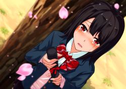 Rule 34 | 1girl, bad id, bad pixiv id, black hair, black skirt, blazer, blue jacket, blurry, blush, bow, bowtie, cherry blossoms, cowboy shot, crying, crying with eyes open, depth of field, diploma, dutch angle, from above, jacket, kumatsugawa, long sleeves, looking at viewer, looking up, open clothes, open jacket, original, outdoors, parted lips, petals, pink sweater, pink vest, pleated skirt, red eyes, school uniform, short hair, skirt, streaming tears, striped bow, striped bowtie, striped clothes, striped neckwear, sweater, tears, tree, under tree, uniform, vest