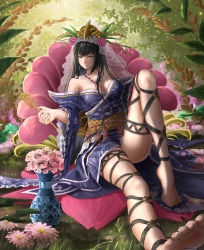 Rule 34 | 1girl, barefoot, black hair, blush, breasts, breasts apart, cleavage, collarbone, feet, flower, highres, jewelry, k ryo, large breasts, long hair, looking at viewer, necklace, no bra, original, parted lips, plantar flexion, sitting, smile, solo, toes, vase, yellow eyes