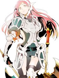 Rule 34 | 1girl, armor, axe, bad id, bad twitter id, breastplate, cherche (fire emblem), dual wielding, fire emblem, fire emblem awakening, gloves, halberd, highres, holding, holding weapon, looking at viewer, nintendo, pauldrons, polearm, red eyes, red hair, shoulder armor, simple background, solo, torisudesu, weapon, white background