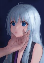 Rule 34 | 1girl, ahoge, blue background, blue eyes, blue hair, cheek press, empty eyes, expressionless, grabbing another&#039;s chin, hand on another&#039;s cheek, hand on another&#039;s chin, hand on another&#039;s face, korean commentary, lips, long hair, looking at another, momemo, out of frame, parted lips, portrait, purple ribbon, ribbon, sleeveless, solo focus, soulworker, stella unibell, untied